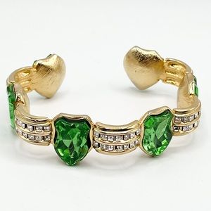 Vintage Green Glass Rhinestone Shield Cuff Bracelet